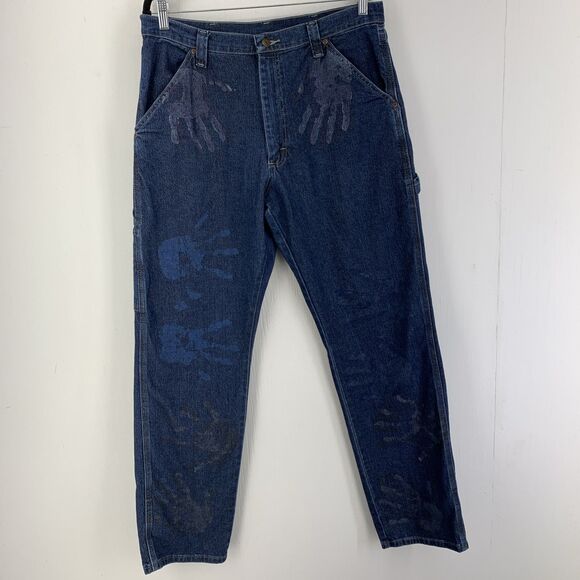 Wrangler Mens 34X34 Carpenter Jeans Distressed Hand Painted Skate Grunge Denim - Picture 1 of 7